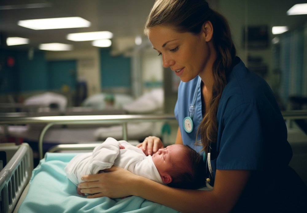 Nurse gently caring for a newborn baby in a hospital after delivery